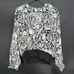 Notations Women's Long Sleeve Button Down Fitted Front Paisley Black Blouse 10